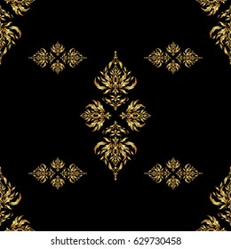 Vector shiny metal surface seamless pattern. Abstract golden elements on a black background.