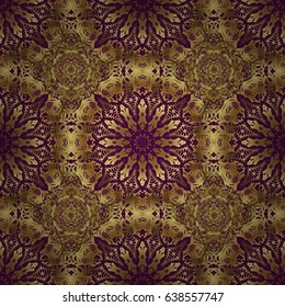 Vector shiny metal surface seamless pattern. Abstract golden elements on a purple background.