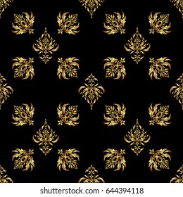 Vector shiny metal surface seamless pattern. Abstract golden elements on a black background.