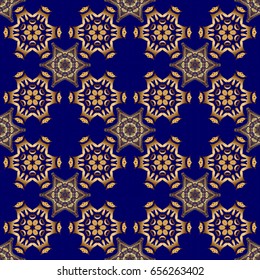 Vector shiny metal surface seamless pattern. Abstract golden elements on a blue background.