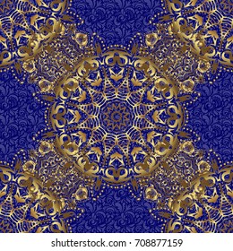 Vector shiny metal surface seamless pattern. Abstract golden elements on a blue background.