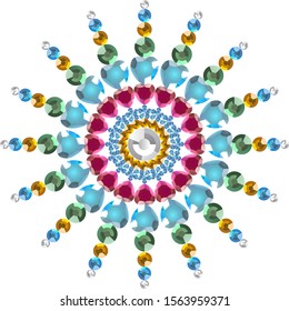 Vector shiny multicolor colorful rhinestone gemstone jewelry diamond brilliant round star mandala snowflake snow 