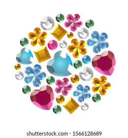 Vector Shiny Multicolored rhinestones diamond in the form of hearts and flowers, round rings isolated on a white background