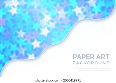 Vector Shiny Paper Art Banner. Holographic Stars Bokeh. Wavy Diagonal Carving. White and Blue Background. Abstract Luminous Design Template.