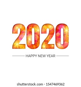 Vector shiny paper cut 2020 with red and yellow bokeh. Text Happy New Year.  bright poster. Isolated on white background.