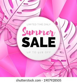 Vector Shiny Pink Banner with Tropical Leaves. Text Summer Sale in White Circle. Alcohol Ink Textured Monstera. Modern Discount Poster. 