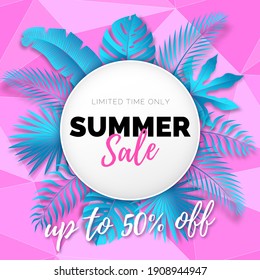 Vector Shiny Polygonal Pink Banner with Round Frame of Turquoise Tropical Leaves. Text Summer Sale in White Circle. Modern Discount Poster. 