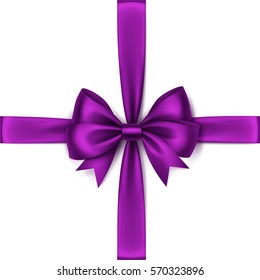 Vector Shiny Purple Violet Satin Bow and Ribbon Top View Close up Isolated on White Background