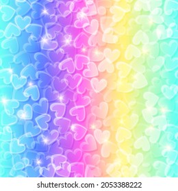 Vector Shiny Rainbow Seamless Pattern. Iridescent Neon Hearts. Romantic Vivid Abstract Texture.