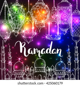 Vector shiny Ramadan Kareem greeting card. Mosque and arabic glowing lanterns. Sketch. Islamic holiday background. Ink handwritten inscription. Brush lettering. Calligraphy.