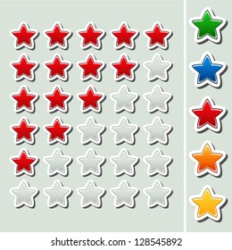 Vector shiny rating stars - five various color - red, green, blue, orange, yellow