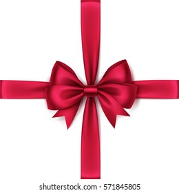 Vector Shiny Red Satin Bow and Ribbon Top View Close up Isolated on White Background