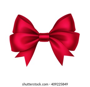 Vector Shiny Red Satin Gift Bow Close up Isolated on White Background