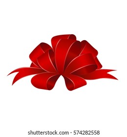 Vector Shiny Red Satin Gift Bow Close Up Isolated On White Background.