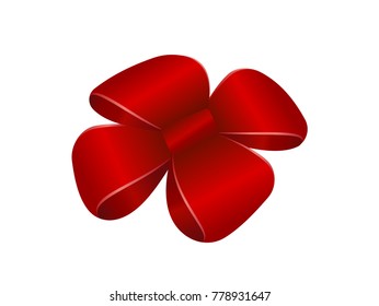 Vector Shiny Red Satin Gift Bow Close up Isolated on White Background