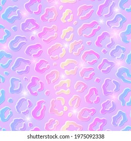 Vector Shiny Seamless Pattern with Holographic Leopard Fur Ornament on Pastel Flowing Background. Abstract Animal Texture.