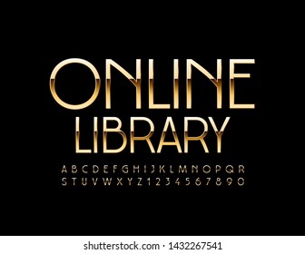 Vector shiny sign Online Library with Golden Uppercase Font. Chic thin Alphabet Letters and Numbers