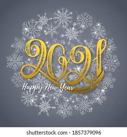 Vector shiny silver Christmas poster. Gold lettering Happy New Year 2021 on a circle of glitter Snowflakes. 