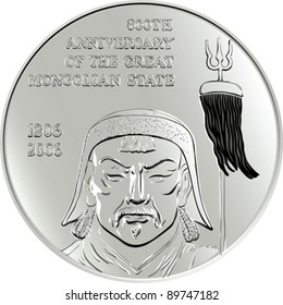 vector shiny silver commemorative coin depicting the Mongol Genghis Khan, isolated on white background