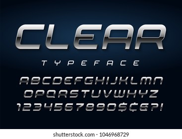 Vector shiny silver display font design, alphabet, character set, typeface, typography, letters and numbers. 
