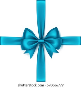 Vector Shiny Turquoise Azure Light Blue Satin Bow and Ribbon Top View Close up Isolated on White Background