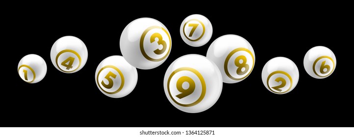 Vector shiny white lottery / bingo ball with golden text number from 1 to 9 isolated on black background