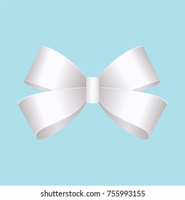 Vector Shiny White Satin Gift Bow Close up Isolated on Blue Background