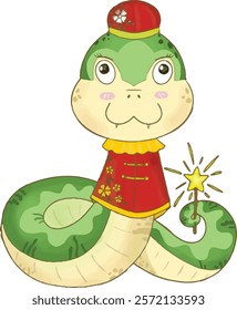 vector of shio snake, green snake wear tang suit, a traditional chinese clothes, celebration lunar year. 