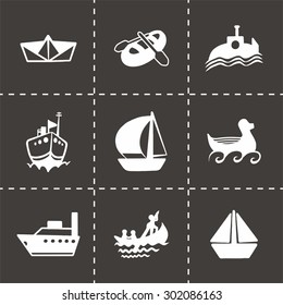 Vector ship and boat icon set on black background