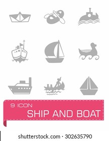 Vector ship and boat icon set on grey background