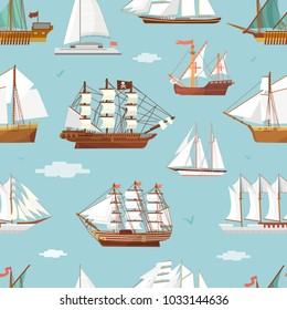 Vector ship boat miniature vessel old vintage sailboat souvenir sea shipping travel white canvase seamless pattern background. Adventure sailboats