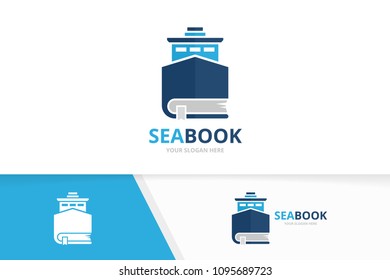Vector ship and book logo combination. Boat and library symbol or icon. Unique yacht and bookstore logotype design template.