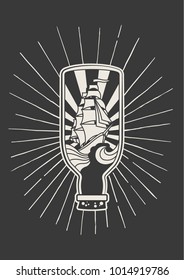 Vector Ship in a Bottle Black and White Poster Tattoo Design