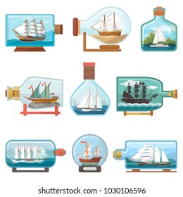 Vector ship in bottle boat in miniature sailboat souvenir in glass jar with cork shipping ouvenir in flask isolated on white background