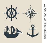 vector ship, compass, rudder, anchor. symbol, icon, sign