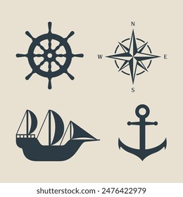 vector ship, compass, rudder, anchor. symbol, icon, sign