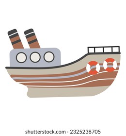 Vektorschiff. Cute Kinderillustration. Boot mit Deck. Drucken für T-Shirts für Kinder, Neugeborene, Postkarten. Weißer, isolierter Hintergrund. 