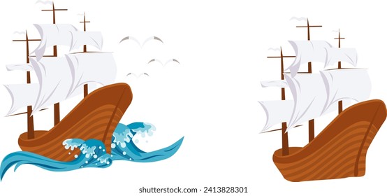 Vector ship icons with and without water waves
