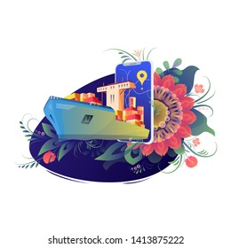 Vector Ship logistics and transportation. Global courier delivery services. Online tracking system. Engraved ink art. Isolated delivery illustration element.