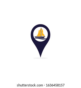 Vector ship and map pointer logo combination. Boat and GPS locator symbol or icon.