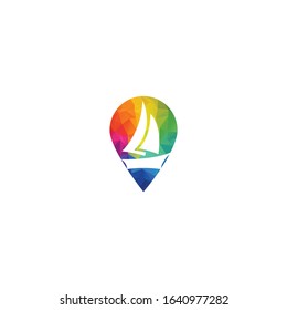 Vector ship and map pointer logo combination. Boat and gps locator symbol or icon.	