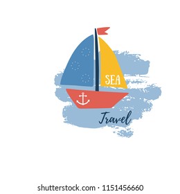 Vector ship in modern flat style with Travel text on abstract background. Yacht sailboat or sailing ship, marine cruise travel vector icon. Summer vacation and sea travel logo. Flat design. EPS 10.