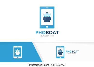 Vector ship and phone logo combination. Boat and mobile symbol or icon. Unique yacht and device logotype design template.