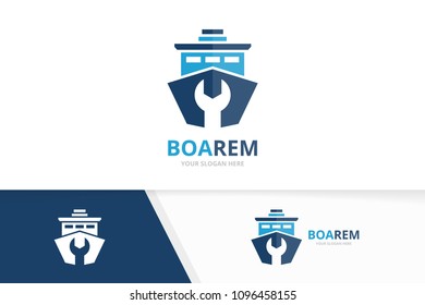 Vector ship and repair logo combination. Boat and fix symbol or icon. Unique yacht and service logotype design template.