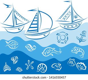 Vector, Ship, Sea objects, seashells, fish. Elements for design. Vector illustration. Graphic contour. Vector isolate element.