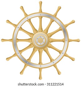 Vector ship steering wheel. Wooden steering wheel. Isolated ship equipment. Retro nautical object. Wood old maritime equipment. Yacht steer. Ancient ship navigation equipment. Nautical emblem template
