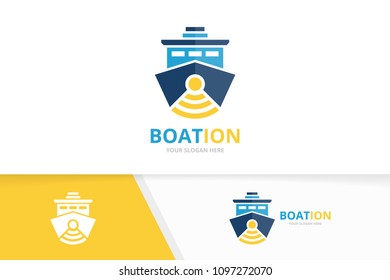 Vector Ship And Wifi Logo Combination. Boat And Signal Symbol Or Icon. Unique Yacht And Radio Logotype Design Template.