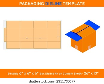 Vector Shipping Carton Box, Dieline Template, 6x6x6 inch,