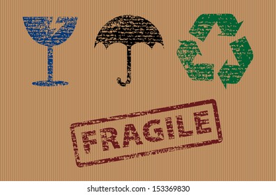 Vector shipping icons on cardboard texture.