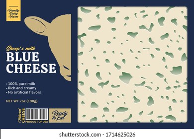 Vector Ship's Milk Blue Cheese Packaging Or Label Design. Realistic Cheese Texture